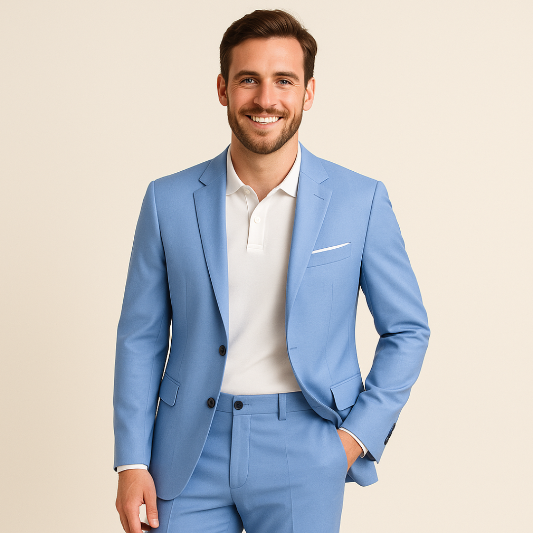 "Men's formal two-piece suit, featuring a blazer and pants, slim fit, available in black, gray, brown, and more colors."