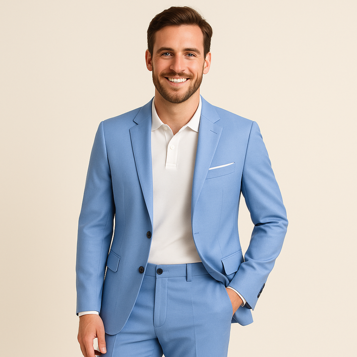 "Men's formal two-piece suit, featuring a blazer and pants, slim fit, available in black, gray, brown, and more colors."