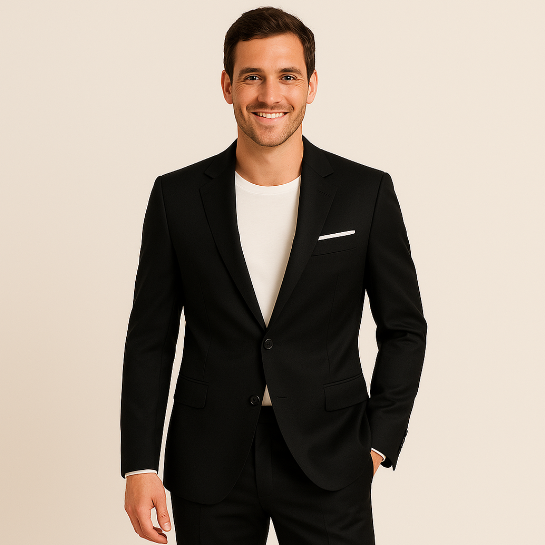 "Men's formal two-piece suit, featuring a blazer and pants, slim fit, available in black, gray, brown, and more colors."