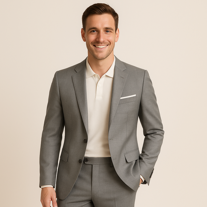 "Men's formal two-piece suit, featuring a blazer and pants, slim fit, available in black, gray, brown, and more colors."