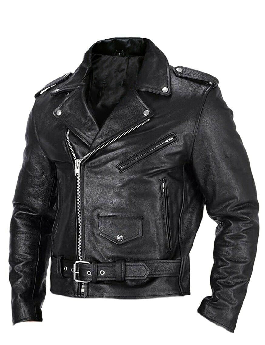 Men's genuine leather biker jacket with asymmetrical zip; sleek design, lapel collar, and belted waist for a rugged look.