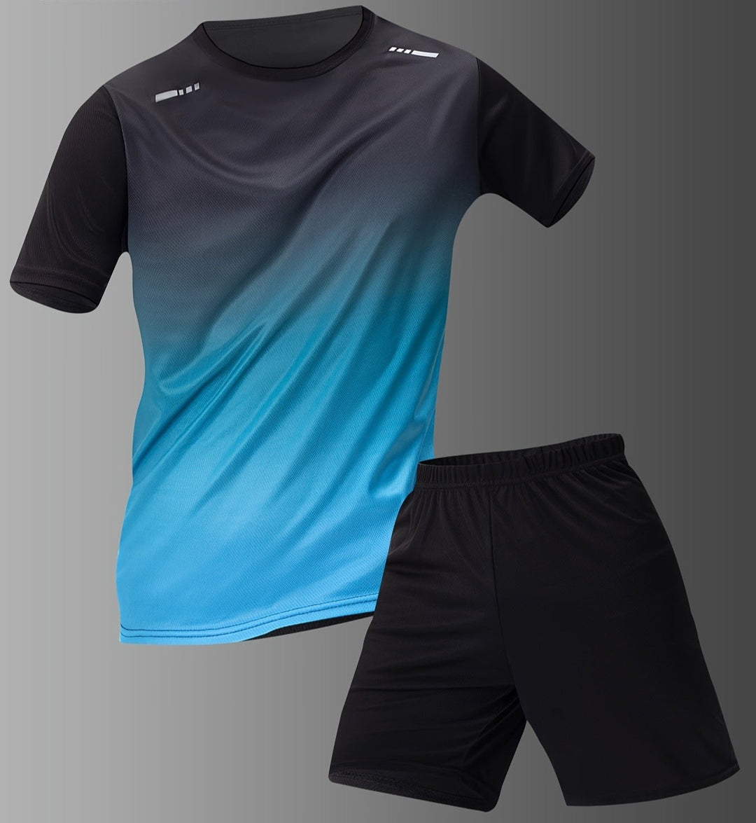 "Men's gradient sports T-shirt & shorts set, showing ombré T-shirt with solid black shorts, perfect for athletic wear."