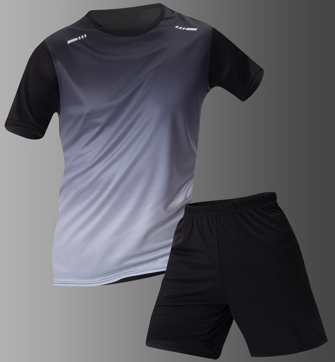 "Men's gradient sports T-shirt & shorts set, showing ombré T-shirt with solid black shorts, perfect for athletic wear."