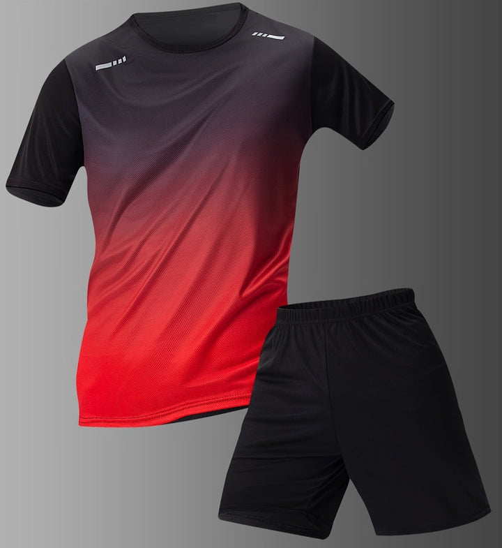 "Men's gradient sports T-shirt & shorts set, showing ombré T-shirt with solid black shorts, perfect for athletic wear."