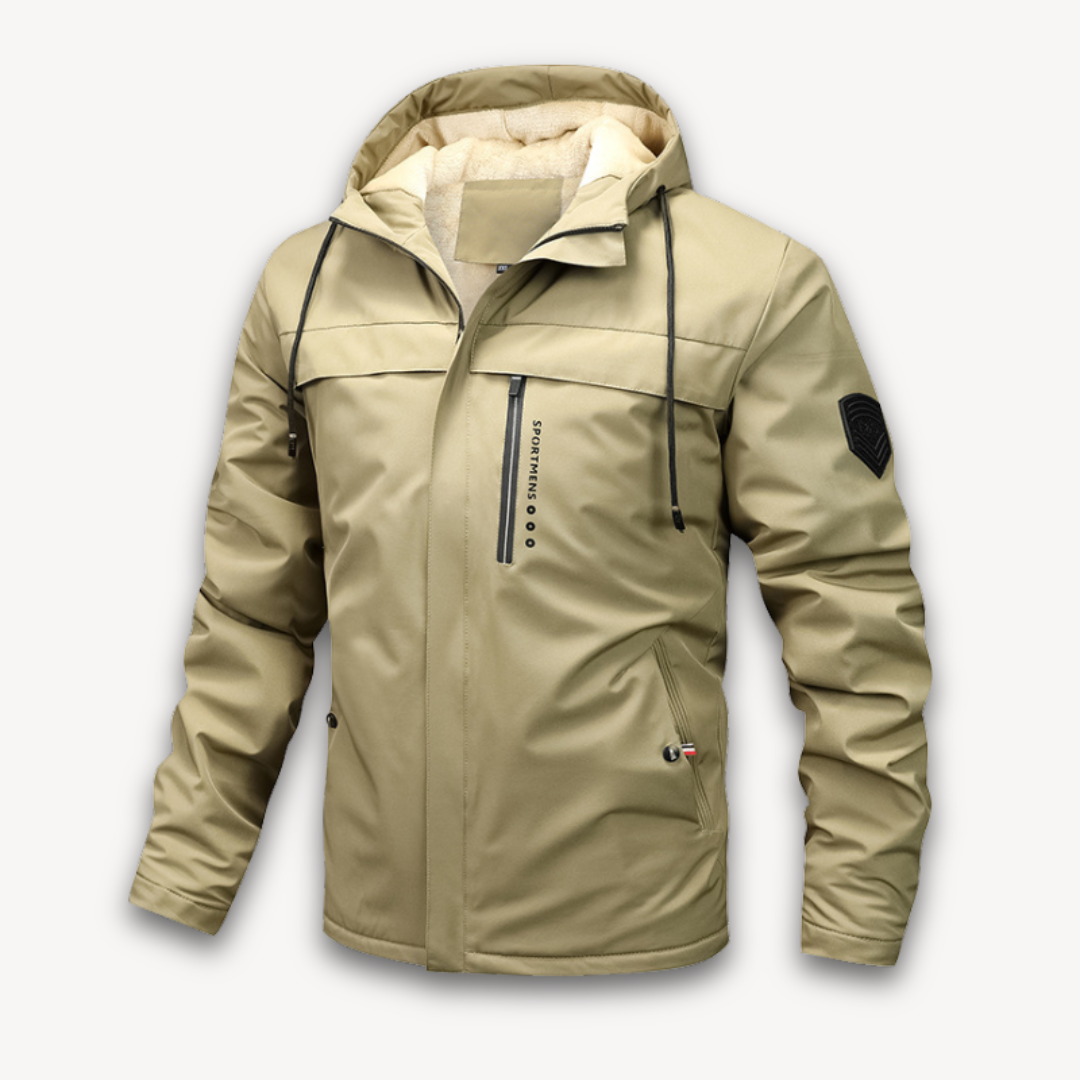 "Men's green waterproof hooded jacket for stylish and durable outerwear. Features sleek design and multi-pocket functionality