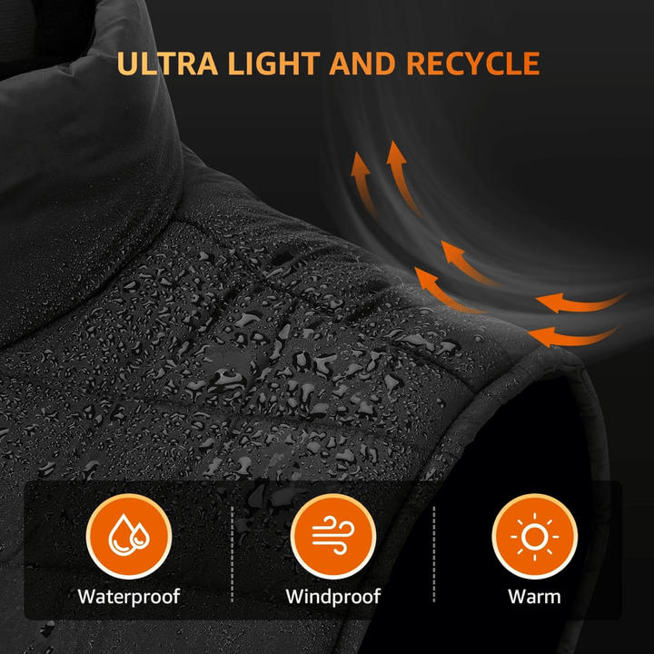 "Men's heated gilet with sleek design, lightweight body warmer, features fast heating elements, perfect for cold weather."