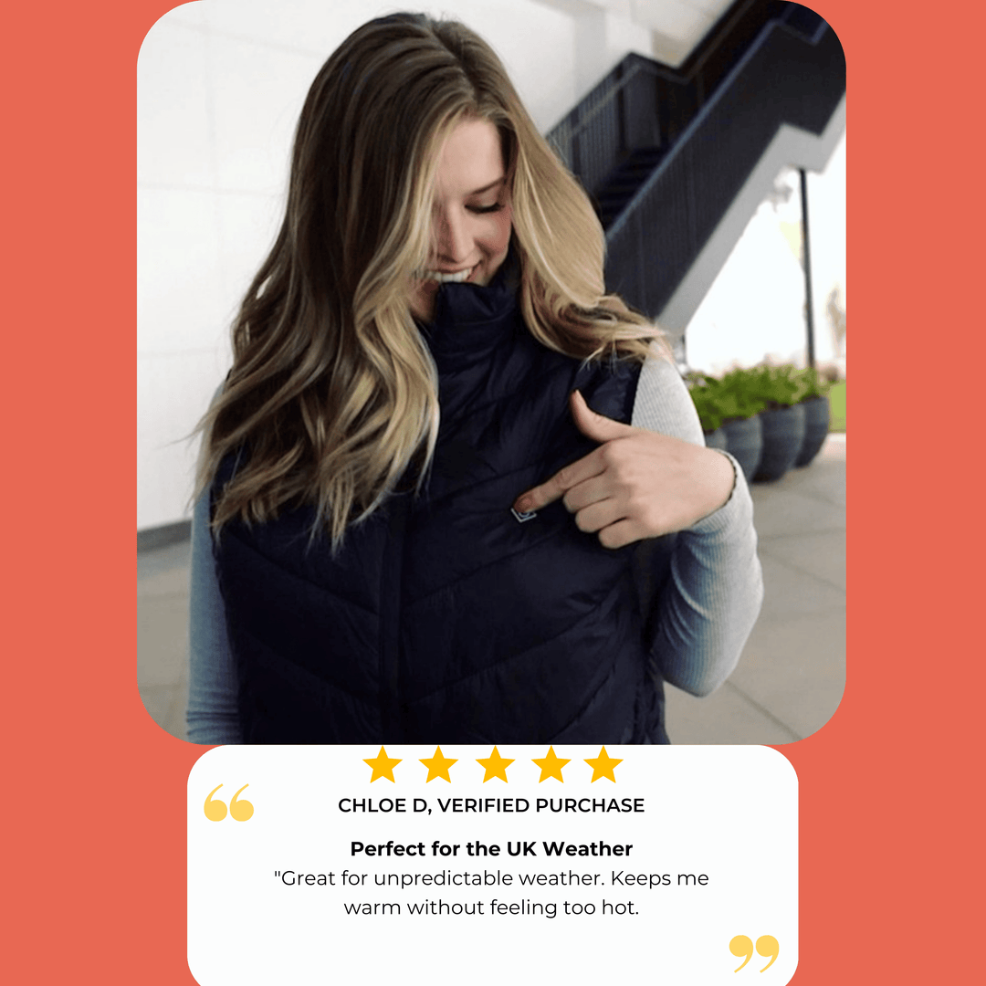 "Men's heated gilet with sleek design, lightweight body warmer, features fast heating elements, perfect for cold weather."