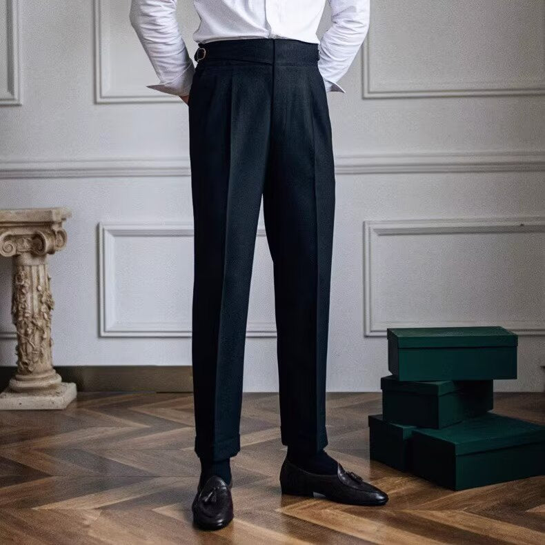 Men's high waist wool blend dress pants with pleated front, straight-leg fit, ideal for formal occasions and professional set
