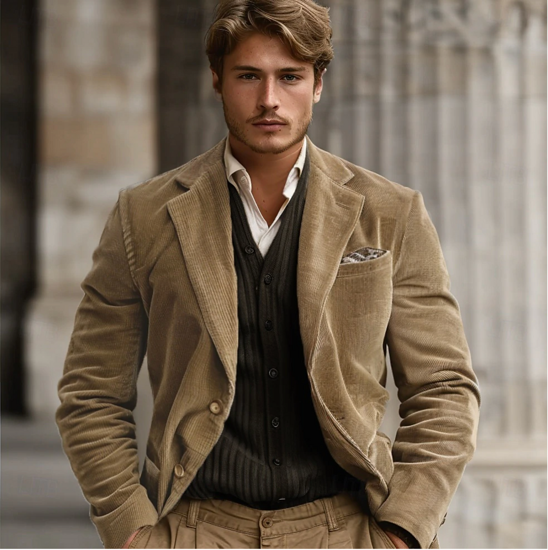 "Men's khaki corduroy blazer, classic fit, warm tone, versatile for casual or formal wear, available in S to 3XL."