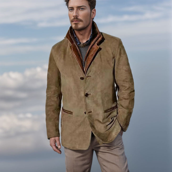 "Men's khaki suede jacket with leather trim and notched lapel, structured fit ideal for smart-casual occasions."
