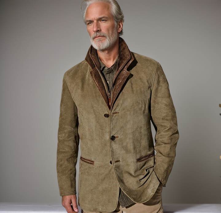 "Men's khaki suede jacket with leather trim and notched lapel, structured fit ideal for smart-casual occasions."