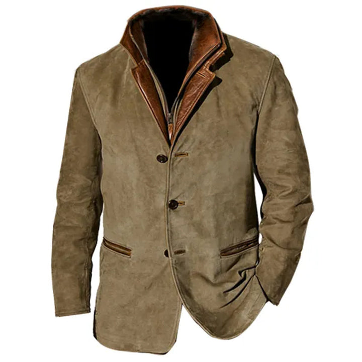"Men's khaki suede jacket with leather trim and notched lapel, structured fit ideal for smart-casual occasions."