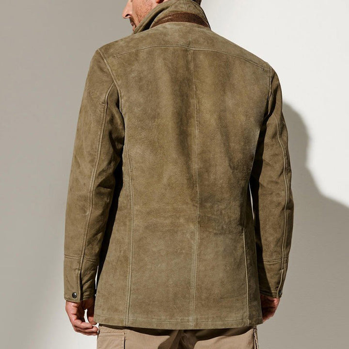 "Men's khaki suede jacket with leather trim and notched lapel, structured fit ideal for smart-casual occasions."