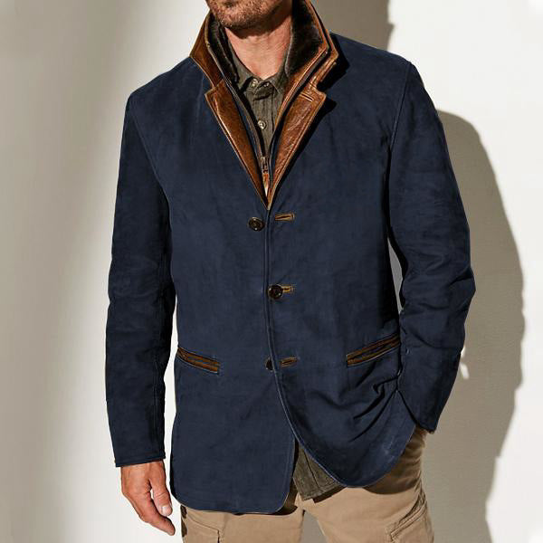 "Men's khaki suede jacket with leather trim and notched lapel, structured fit ideal for smart-casual occasions."