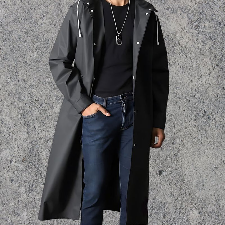 "Men's knee-length waterproof raincoat with hood, sleek lightweight design, button-up closure for a smart, stylish look."
