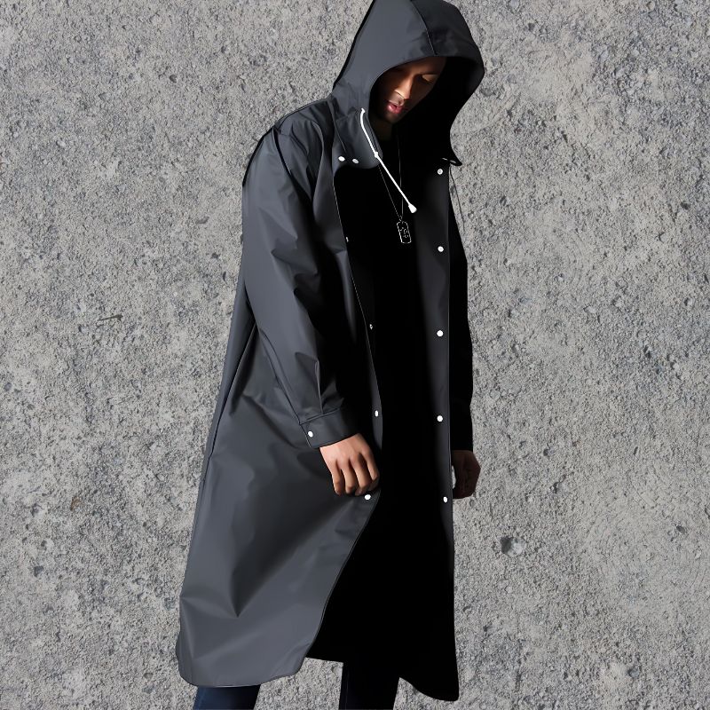 "Men's knee-length waterproof raincoat with hood, sleek lightweight design, button-up closure for a smart, stylish look."