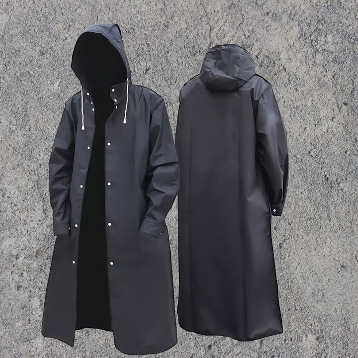 "Men's knee-length waterproof raincoat with hood, sleek lightweight design, button-up closure for a smart, stylish look."