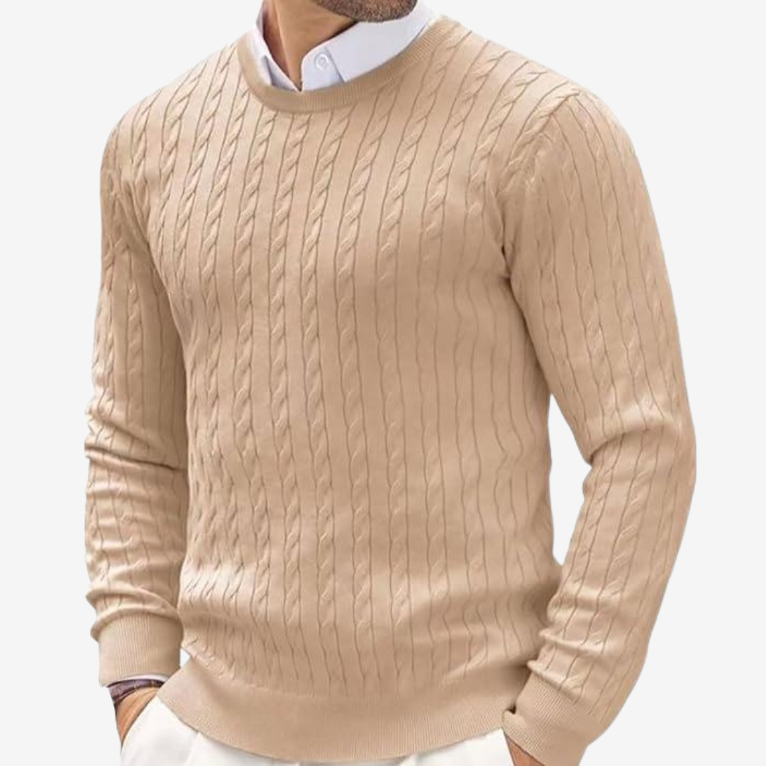Men's knitted cashmere sweater in soft beige, showcasing luxurious texture and warmth. Ideal for elegant or casual occasions.
