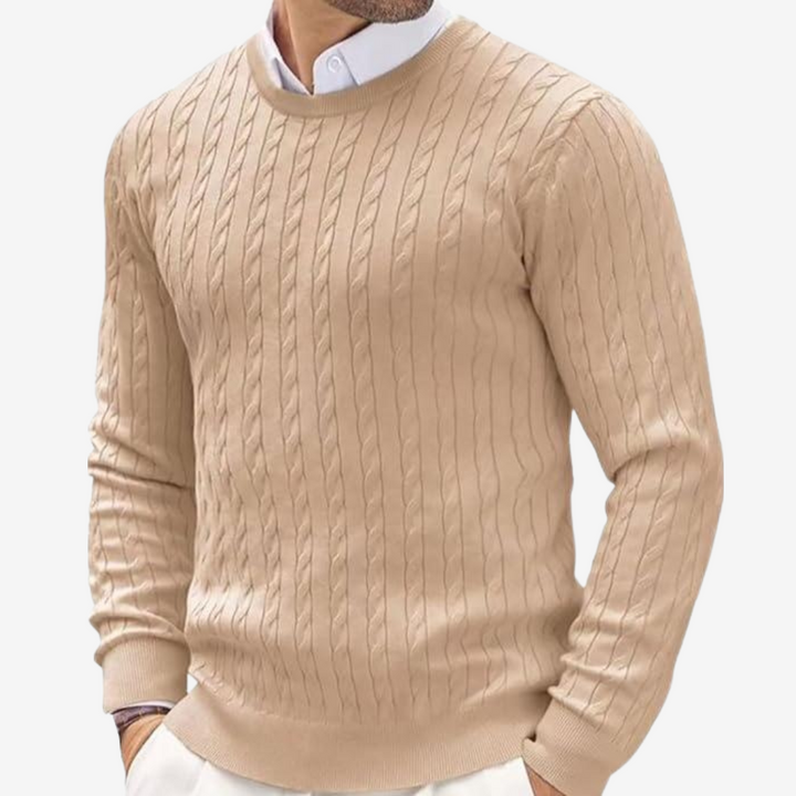 Men's knitted cashmere sweater in soft beige, showcasing luxurious texture and warmth. Ideal for elegant or casual occasions.
