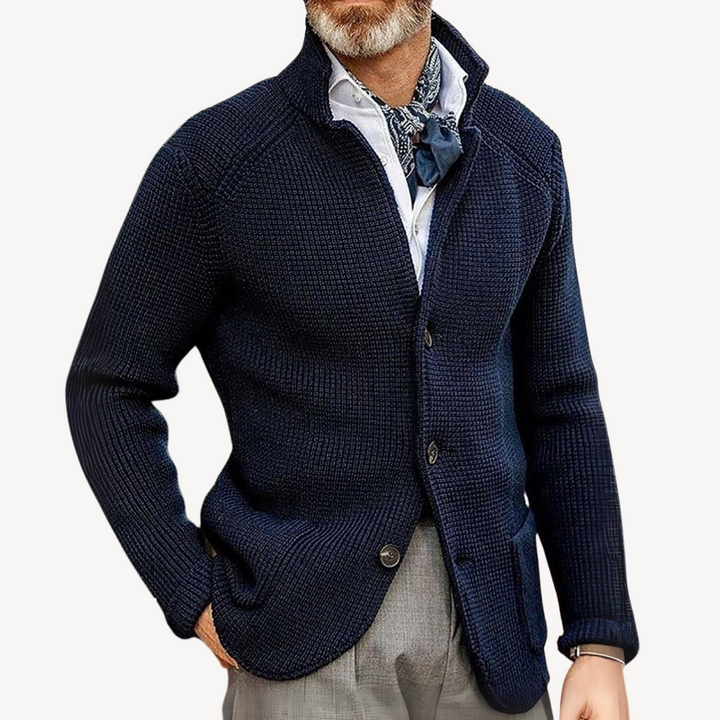 Men's Knitted Wool Cardigan in Navy, button-up design, premium wool, elegant fit, ideal for casual and formal occasions.