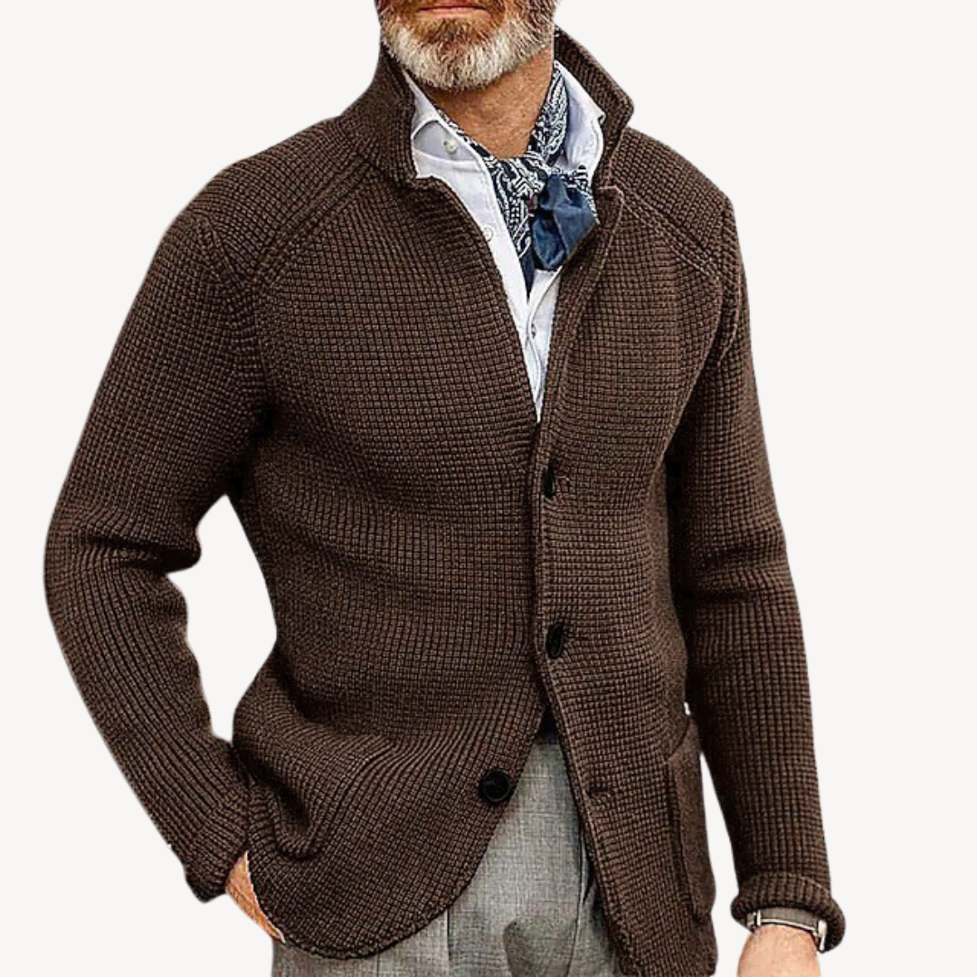 Men's Knitted Wool Cardigan in Navy, button-up design, premium wool, elegant fit, ideal for casual and formal occasions.