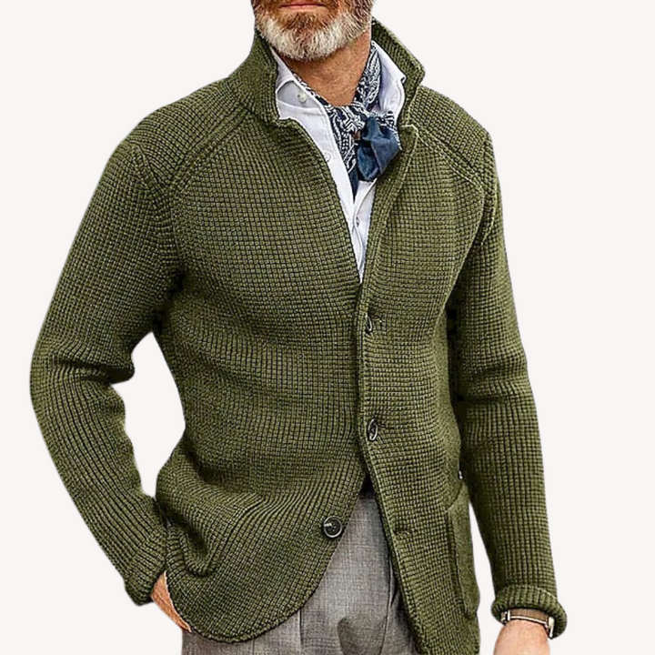 Men's Knitted Wool Cardigan in Navy, button-up design, premium wool, elegant fit, ideal for casual and formal occasions.
