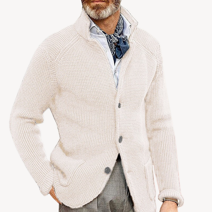Men's Knitted Wool Cardigan in Navy, button-up design, premium wool, elegant fit, ideal for casual and formal occasions.