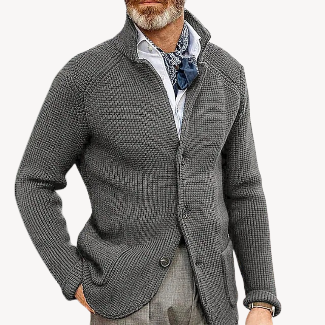 Men's Knitted Wool Cardigan in Navy, button-up design, premium wool, elegant fit, ideal for casual and formal occasions.