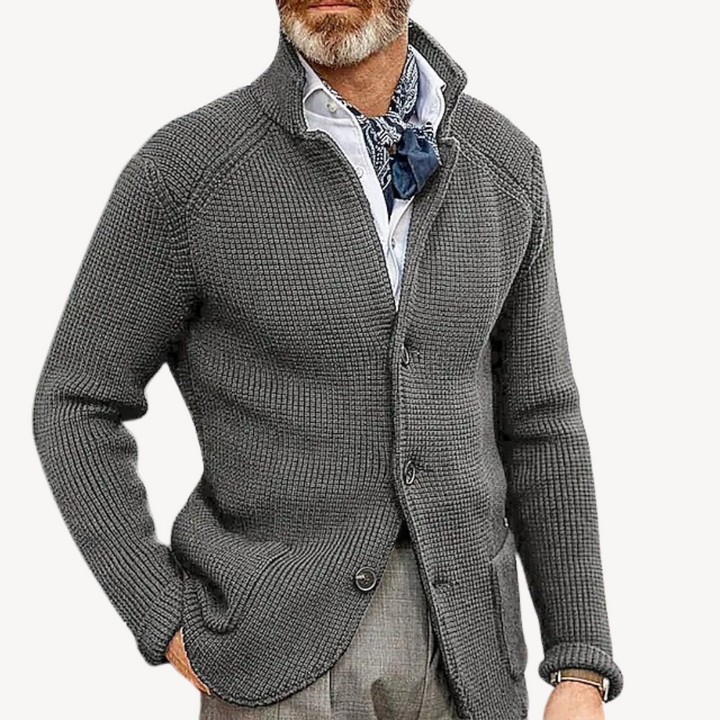 Men's Knitted Wool Cardigan in Navy, button-up design, premium wool, elegant fit, ideal for casual and formal occasions.