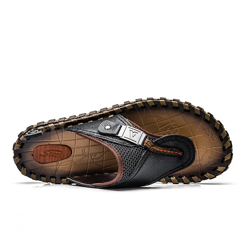 "Men's leather flip-flops with slip-resistant sole, genuine leather straps, and cushioned footbed in brown."