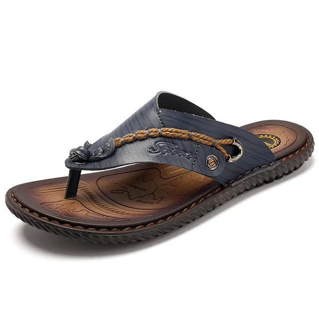 "Men's leather flip-flops with slip-resistant sole, genuine leather straps, and cushioned footbed in brown."