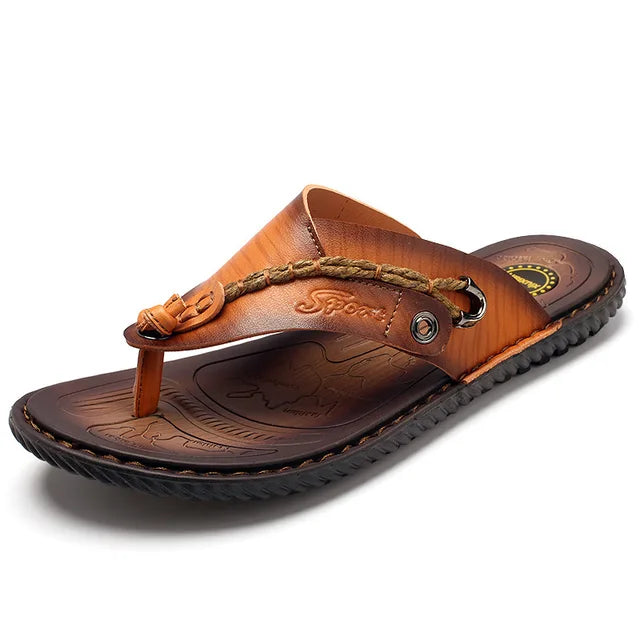"Men's leather flip-flops with slip-resistant sole, genuine leather straps, and cushioned footbed in brown."