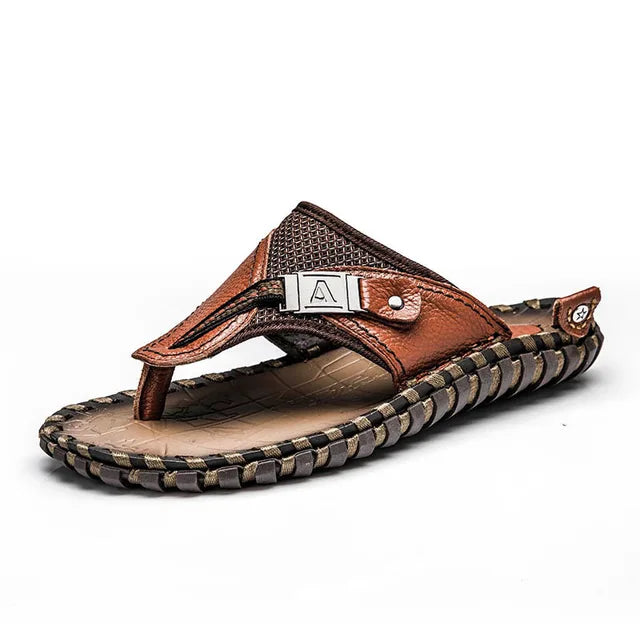 "Men's leather flip-flops with slip-resistant sole, genuine leather straps, and cushioned footbed in brown."