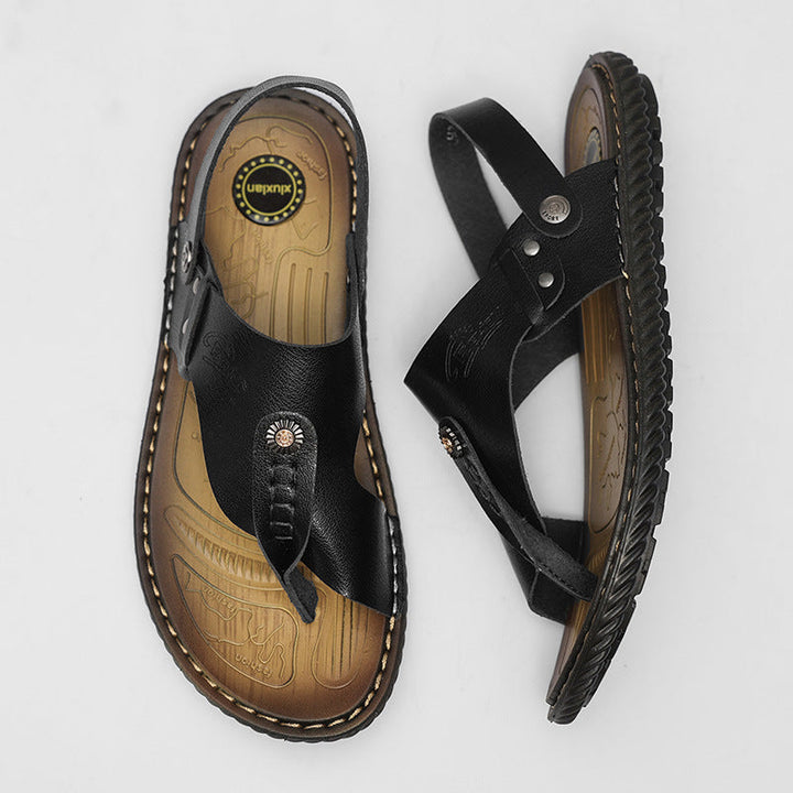 "Men's leather flip-flops with slip-resistant sole, genuine leather straps, and cushioned footbed in brown."