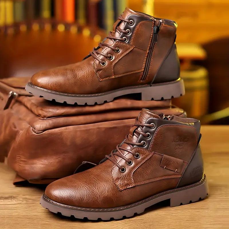 "Men's leather zipper dress boots, classic style, side zipper, sleek silhouette, durable sole, elegant men's footwear."
