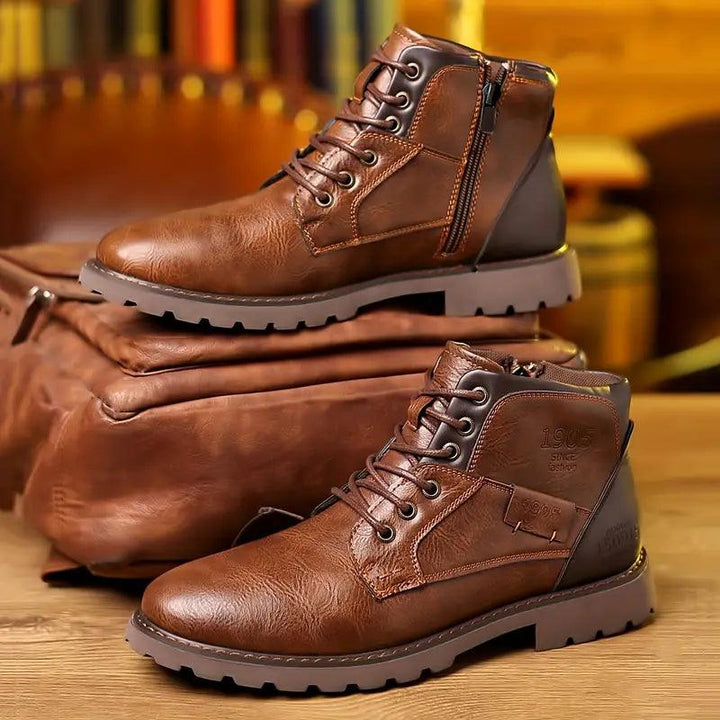 "Men's leather zipper dress boots, classic style, side zipper, sleek silhouette, durable sole, elegant men's footwear."