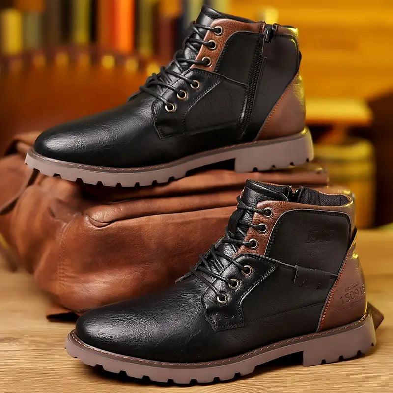 "Men's leather zipper dress boots, classic style, side zipper, sleek silhouette, durable sole, elegant men's footwear."