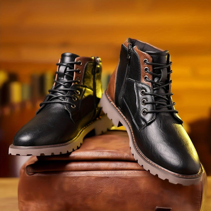 "Men's leather zipper dress boots, classic style, side zipper, sleek silhouette, durable sole, elegant men's footwear."