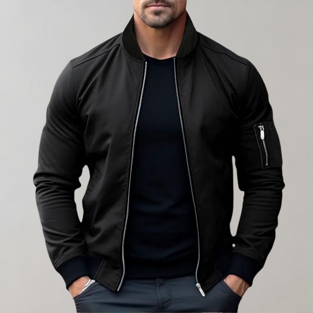 Men's lightweight all-season bomber jacket, regular fit, ribbed cuffs, front view, gray color, versatile outerwear.