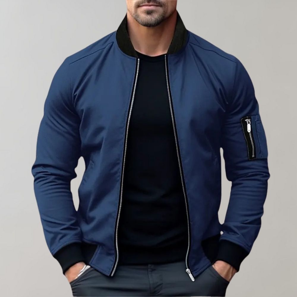 "Men's lightweight all-season bomber jacket with sleek design, zip closure, and multiple color options for versatile wear."
