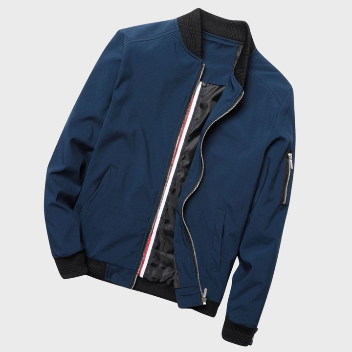 "Men's lightweight all-season bomber jacket with sleek design, zip closure, and multiple color options for versatile wear."