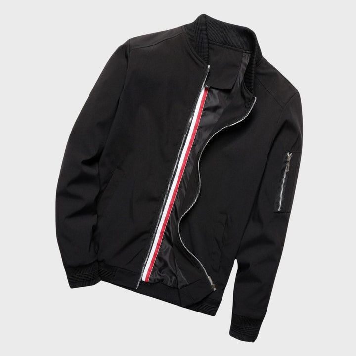 "Men's lightweight all-season bomber jacket with sleek design, zip closure, and multiple color options for versatile wear."