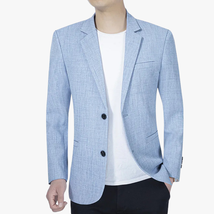"Men's lightweight blazer, breathable fabric, front view; sleek silhouette, modern lapels, spring style, tailored fit."