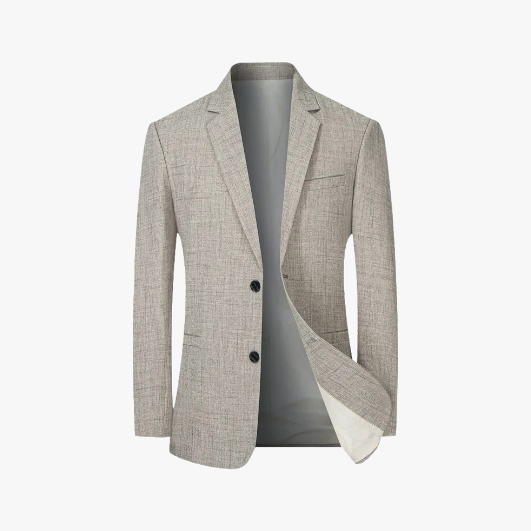 "Men's lightweight blazer, breathable fabric, front view; sleek silhouette, modern lapels, spring style, tailored fit."