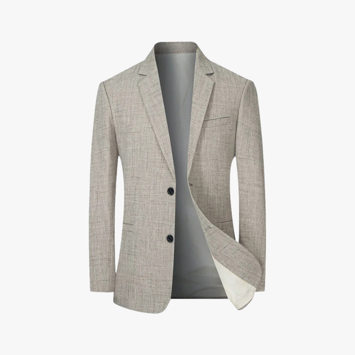 "Men's lightweight blazer, breathable fabric, front view; sleek silhouette, modern lapels, spring style, tailored fit."