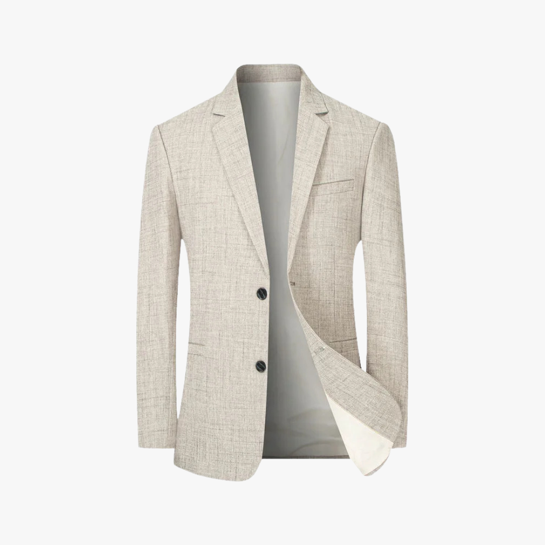 "Men's lightweight blazer, breathable fabric, front view; sleek silhouette, modern lapels, spring style, tailored fit."