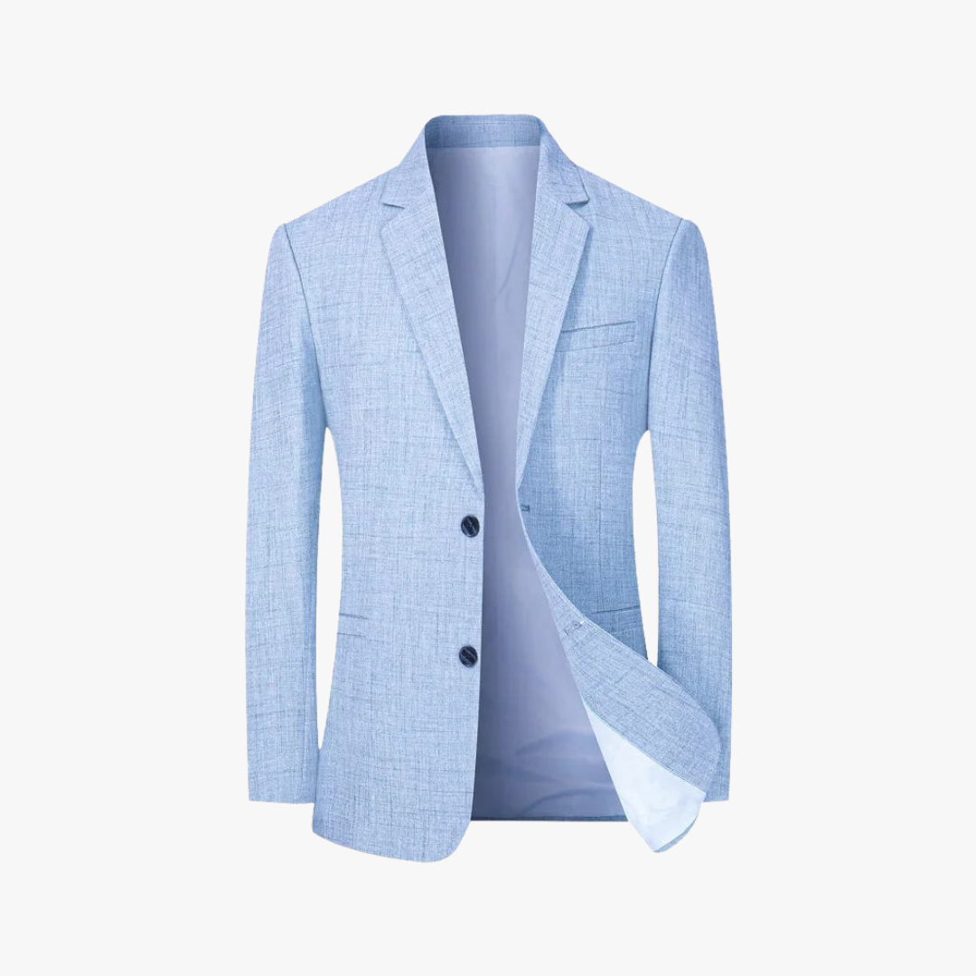 "Men's lightweight blazer, breathable fabric, front view; sleek silhouette, modern lapels, spring style, tailored fit."