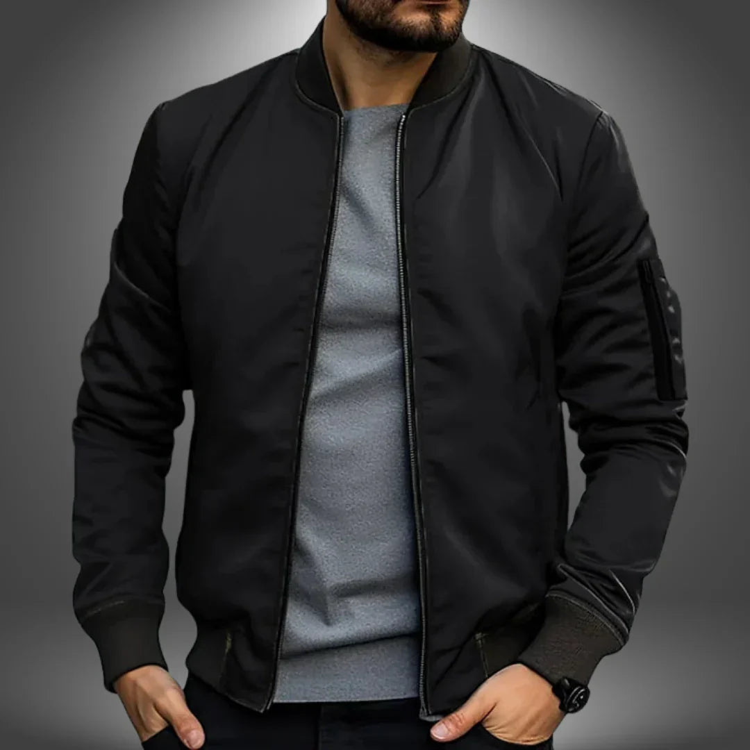 "Men's lightweight bomber jacket, casual windbreaker style with slim fit, features ribbed cuffs and arm zip pocket."