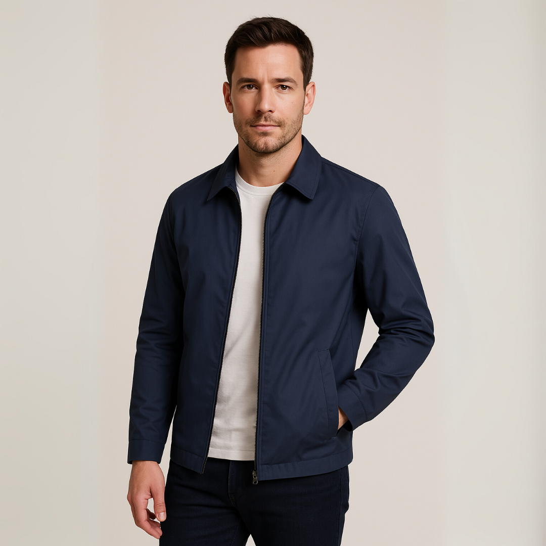 Men's lightweight cotton jacket with checkered lining, breathable fabric, functional pockets, ideal for smart-casual wear.