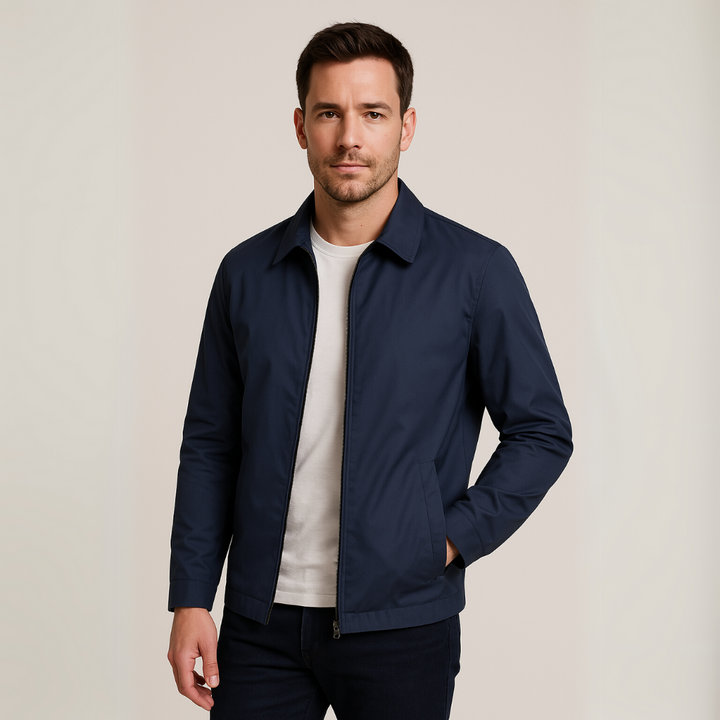 Men's lightweight cotton jacket with checkered lining, breathable fabric, functional pockets, ideal for smart-casual wear.